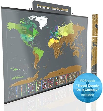 Large Scratch Off World Map Poster - Detailed Peel off Map with US States and Country Flags - Includes Frame, Scratcher, Push Pins, Flag Pins, E-Book