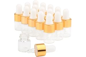 GLASSTORE 15Pcs Glass Essential Oil Dropper Bottles Clear Mini 1ml/2ml/3ml Perfume Dropping Bottle Cosmetic Sample Vials with Gold Cap and White Latex