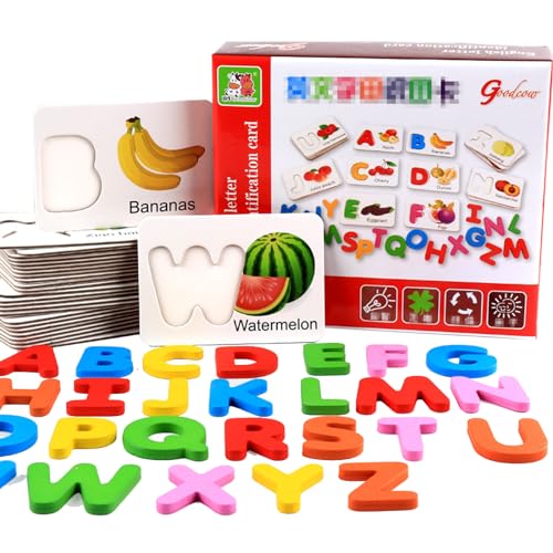 Alphabet Flash Cards Wooden Letter Puzzle, ABC Wooden Letters and Fruits and Vegetables Animal Pattern Board Matching Puzzle Game Montessori Educational Learning Toys Gift