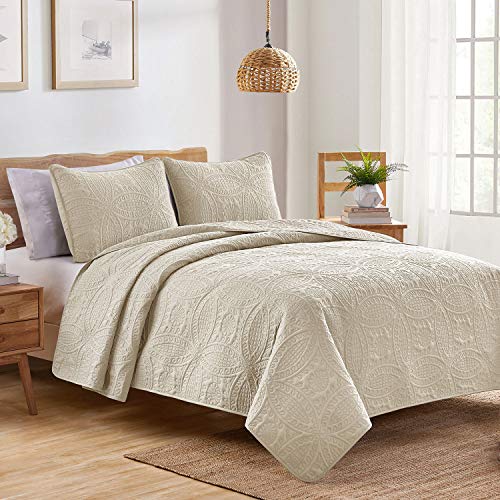 VEEYOO Bedspread Quilt Set King Size - Soft Microfiber Lightweight Coverlet Quilt Set for All Season, Quilt Set 2 Piece (1 Quilt, 2 Pillow Sham), Ivory