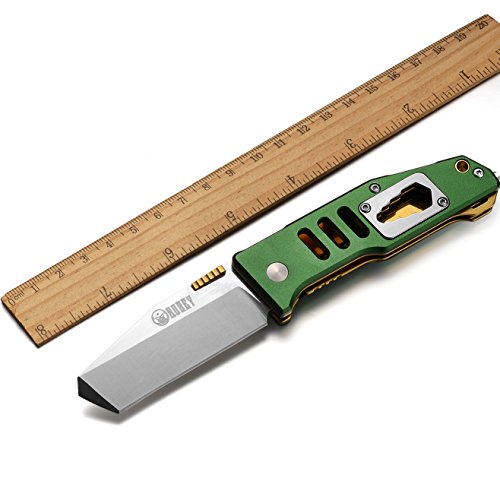 KUBEY EDC Multitool Pocket Folding Knife with Clip,Stainless Steel Tanto Blade,Anodized Aluminum Handle Glass Breaker Opener,3-4/5-Inch Closed (Green Golden)