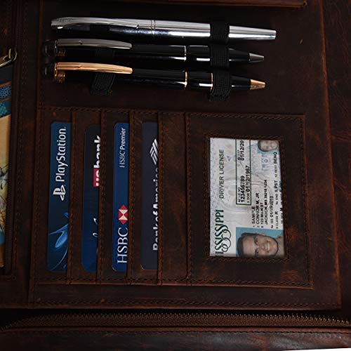 Leather Business Padfolio Portfolio for Men - Professional Executive Zippered Binder Folder 13.5 x 11 Inches Notepad Folio School Organizer for Women (Brown Crazy Horse)