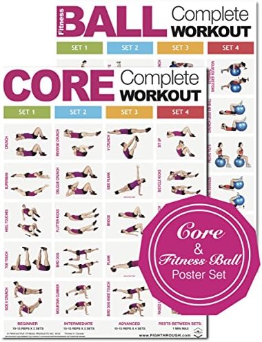 COMPLETE CORE &amp; FITNESS BALL Poster Set of 2 / Chart - Strength &amp; Cardio Training - Core - Chest - Legs - Shoulders - Back - Build Muscle, Tone &amp; Tighten - 18”x24"