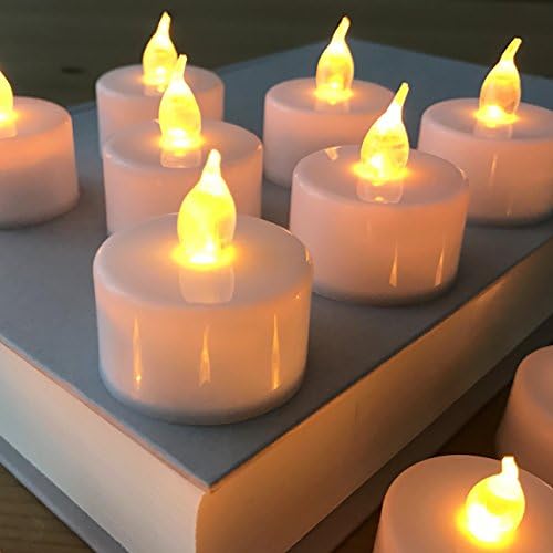 Deluxe Flameless Realistic, Flickering, Battery Powered LED Tealights (12), Fake Candles, in Soft White for Weddings, Holidays, by Voflen