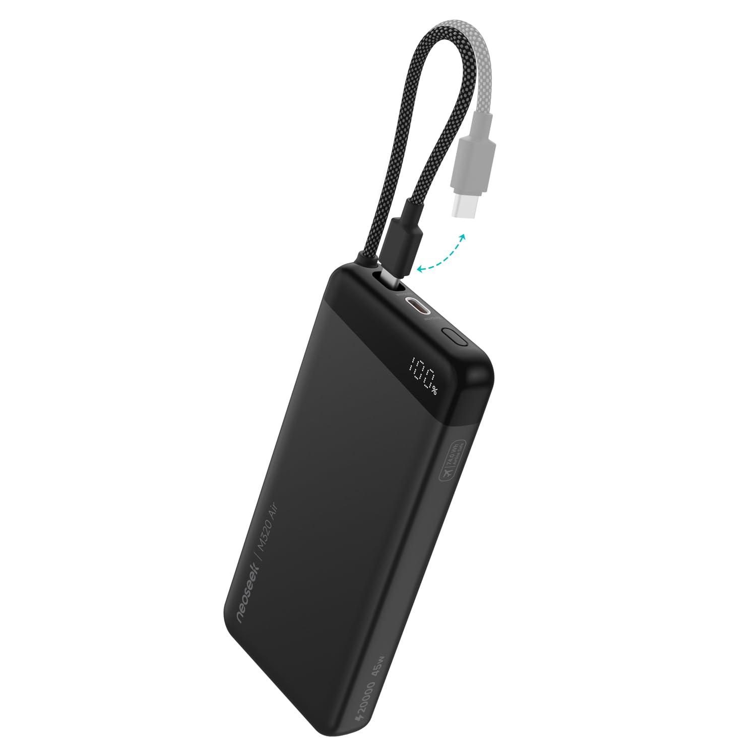 Neoseek Ultra-Thin 20,000mAh Power Bank, 45W Max Fast Charging Battery Pack, Built-in USB-C Cable for iPhone 17/16 Series, Galaxy, MacBook, and More