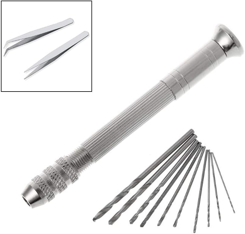 Topwon Pin Vise for Resin Casting Molds Hand Drill Bits Set Resin Drill Pin Vise Drill, 10 Pcs Mini Twist Drill Bits 2Pcs Tweezers for Jewelry Metal Wood Model Making, Micro Drill Bits DIY Drilling