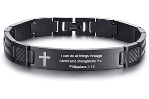 MEALGUET Stainless Steel Religous Scripture Quote Faith Christian Bible Verse Inspirational Cross Carbon Fiber Link Bracelet for Men