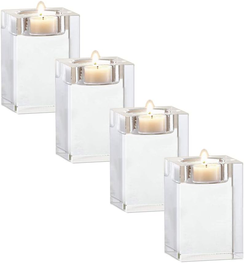 4 Pcs Clear Crystal Candle Holders, 2×2×2.4 inch Square Tealight Candle Holders Solid Square Tea Light Holders for Table Centerpiece Wedding Decor and Dinner Party Home Decor Candlelight