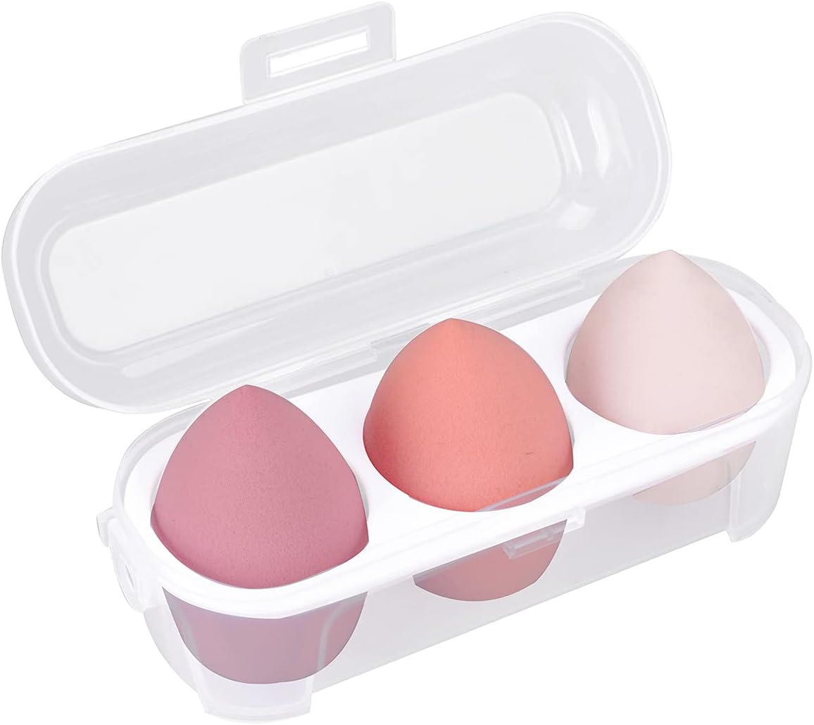 Makeup Sponge Case Blender Beauty Foundation Holder Blending Sponge Egg Set Makeup Sponge Wet And Dry Storage Box Egg Sponge Organizer (3pcs-Pink series)
