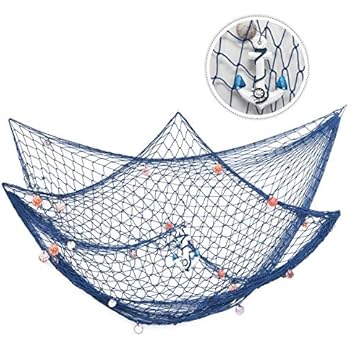 king do way 79inch x 59inch Mediterranean Style Fishing Nets with Sea Shells and Anchor Decorative Background Wall Bar for Home Decoration (Blue)