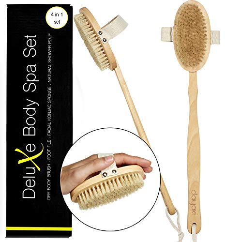 Premium Dry Brushing Body Brush - Cellulite Massager and Lymphatic Drainage. Exfoliating Body Scrub Set All natural, no Plastic, with Konjac Sponge, Foot File and Shower Pouf for Natural Radiant Skin!