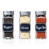 Set of 12 Square Glass Spice Jars with Shaker Tops, Chalkboard Labels & Pen, and Airtight Silver Metal Lids, 4 Ounce Capacity, By California Home Goods