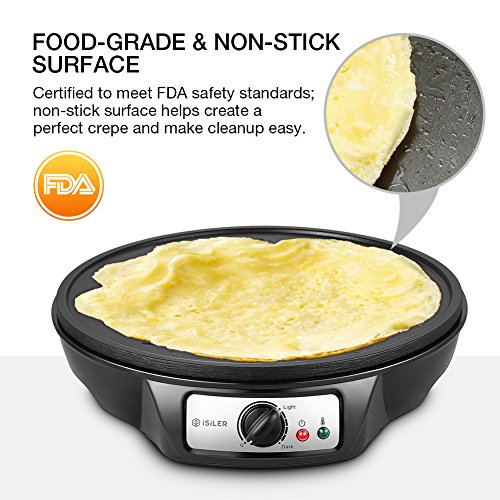 Electric Crepe Maker, iSiLER 12" Electric Nonstick Crepe Pan, 1080W Electric Pancakes Maker Griddle with Batter Spreader & Wooden Spatula, Precise Temperature Control for Roti, Tortilla, Eggs, Bacon - Thumbnail 2
