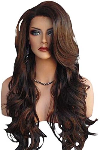 AmorWig Natural Long Body Wave Dark Brown Synthetic Hair Wigs for Women + Free Wig Cap (Style A)