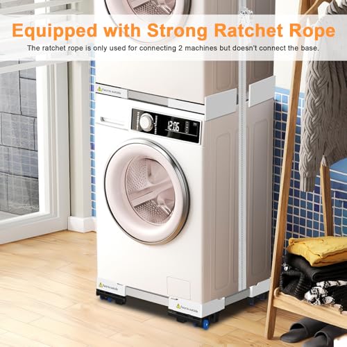 NIUXX Universal Connecting Frame and Base for Dryer and Washing Machine, Adjustable in Size with Ratchet Cable and Transport Wheels with Brake for Washing Machines and Dryers, Space Saving