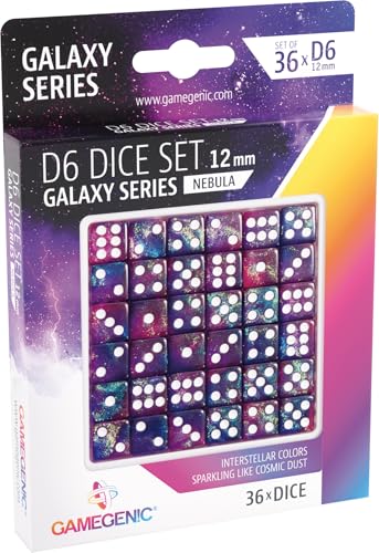 Galaxy Series Nebula D6 Dice Set Set of 36 Six-Sided Dice Premium Quality Resin Dice for Dice Games, Board Games and Card Games Cosmic Glittering Design Blue and Purple Made by Gamegenic