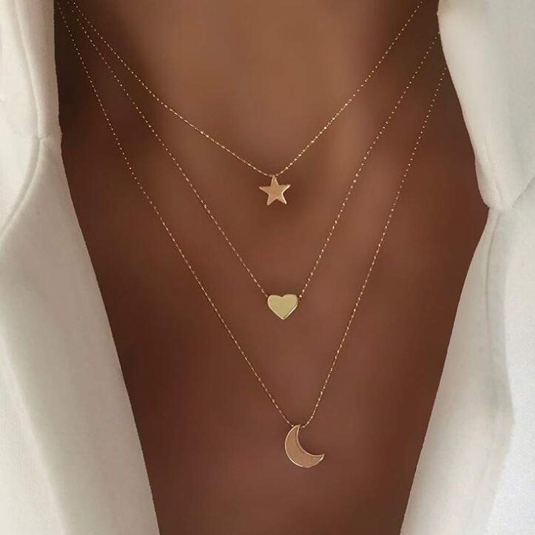 Yienate Bohemia Multilayer Necklace Stars Moon Love Pendant Fashion Necklaces Gold Chain Jewelry Charms For Woman and Girls