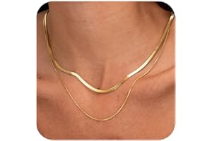 Treasure Bender Herringbone Gold Necklace for Women, Non Tarnish 14k Gold Plated Layered Necklaces Simple Dainty Gold Chain Thin Trendy Choker Snake Necklace Gold Jewelry for Women Gift14 /16/ 18inch