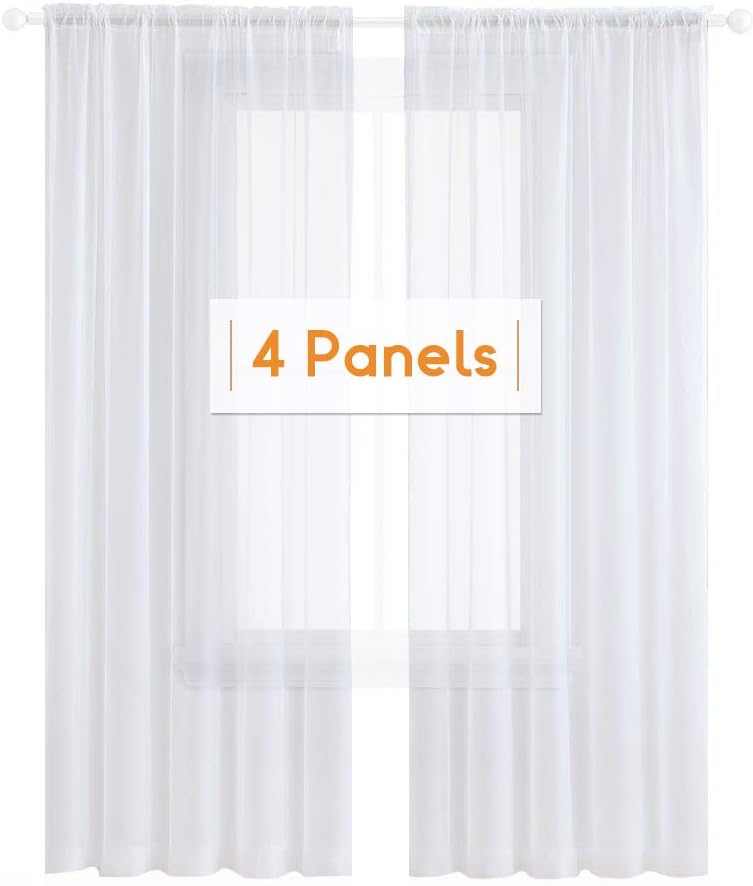 Anjee 4 Panels White Sheer Curtains 63 Inches Long Rod Pocket Window Treatment Linen Gauze Voile Drapes for Kids Room Bedroom Living Room Kitchen, 52 x 63 Inch