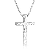 Easter Basket Stuffers- Cross Necklace for Men- Hammered Cross Pendant with Box Chain Vintage Unique Crucifix Necklaces for Men, Mens 18-24 Inches Chain Cross Necklace Christian Religious Christmas