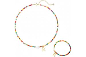 Colorful Beaded Initial Letter A-Z Choker Necklaces for Women Heart Shell Pendant 14K Gold Plated Letter Choker Necklace Init