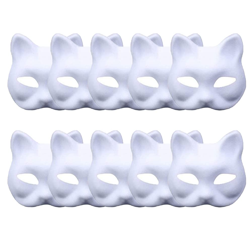 meioro DIY White Rigid Paper Mask Pulp Blank Hand Painted Mask, Anime Half Face Cat Fox Masks, Personality Creative Design Man Full Face Mask For Masquerade, Carnival, Classroom Art (10Pcs,Cat)