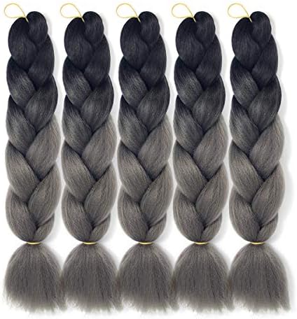 Lady Corner Ombre Braiding Hair 24Inch Jumbo Braids High Temperature Fiber Synthetic Hair Extension 5Pcs/Lot 100G/Pc For Twist Braiding Hair (Black-Silver Grey)