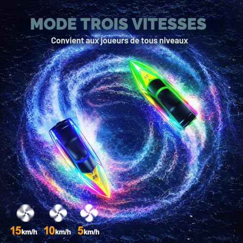 RC RC Boats 2 Pack 7 Modes LED 15km/h Speed 2.4GHz Remote Control Self Straightening Battery & Range Alerts 4 Rechargeable Batteries Pool & Lake Gift Boys Girls Gift