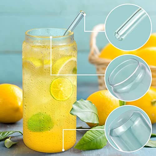 Gavoyeat Drinking Glasses with Bamboo Lids and Straw Set of 6, 16oz Can Shaped Glass Cups Beer Glass Iced Coffee Glasses Cute Tumbler Cup for Fruit juice, Smoothie, Boba Tea, Water