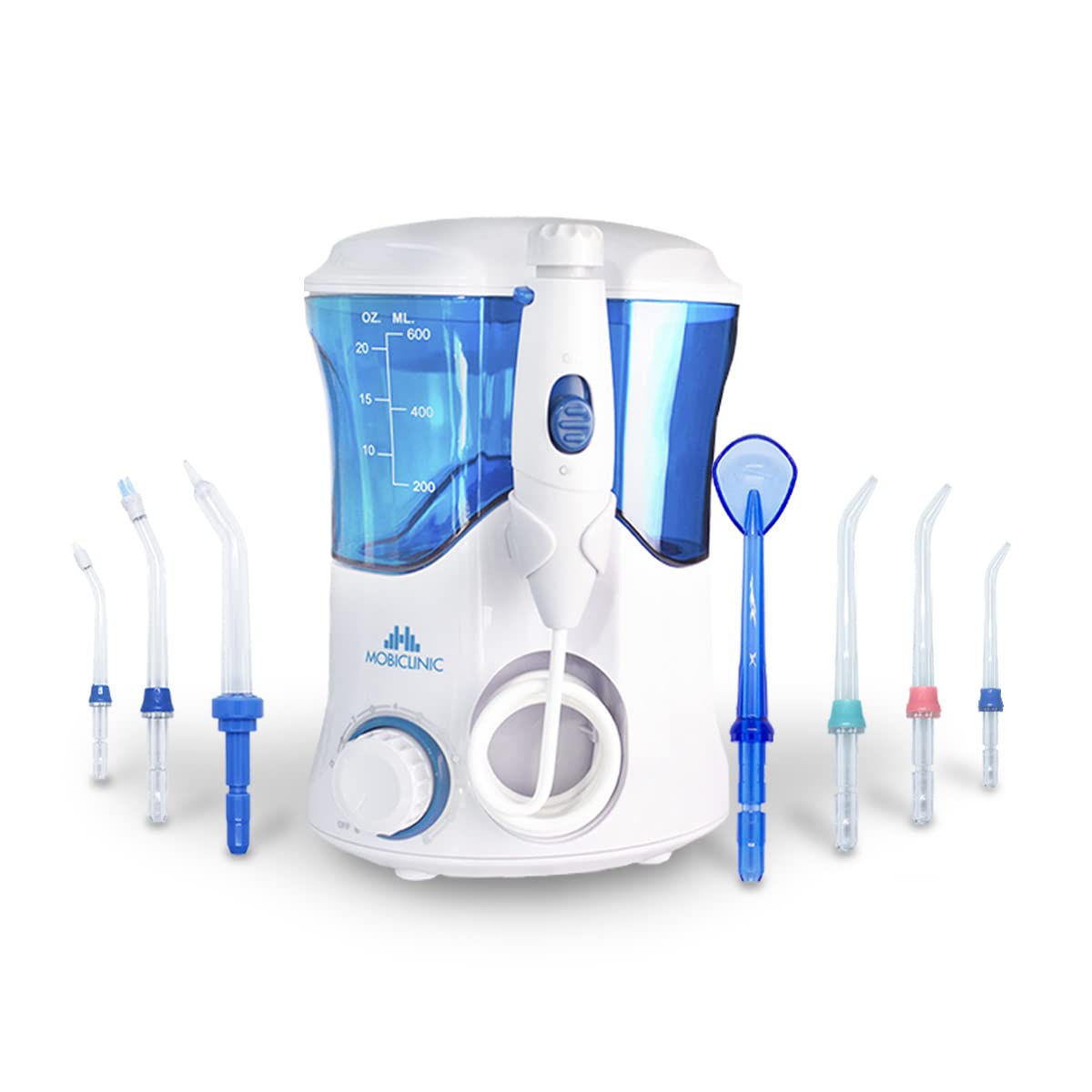 Mobiclinic, Family Dental irrigator, Oral Hygiene, Dental Cleaning, 7 Functional Heads, 600 ml Reservoir, Easy to use, for Teeth, Gums and Tongue, Removes Bacteria and impurities
