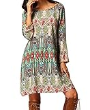 Women Bohemian Back V Neck Vintage Printed Ethnic Summer Shift Tunic Dress (S(For US0-2), green)