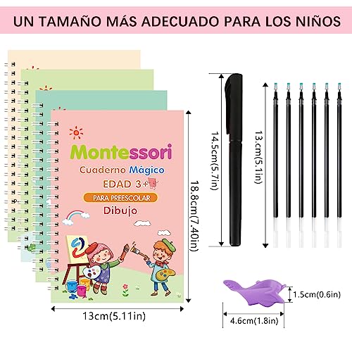 Larcenciel Reusable Spanish Calligraphy Notebooks, 4 Books + 1 Pen + 5 Refills, Magic Book for Learning to Write Reading from Children 3 4 5 Years (13 × 19cm)