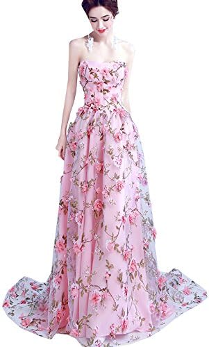 Xfcastle Dresses Women's Floral Print Strapless Long Prom Bridesmaid Dresses Embroidery Organza Evening Gowns 2017 Pink M
