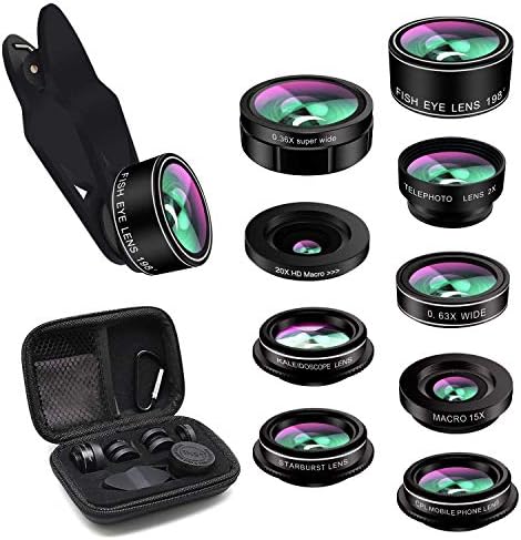 ANGFLY Phone Camera Lens, 9 in 1 Wide Angle Lens,Macro Lens,Fisheye Lens,Telephoto Lens,CPL Lens, Kaleidoscope and Starburst Lens Compatible iPhone,Samsung, Most Andriod Phones