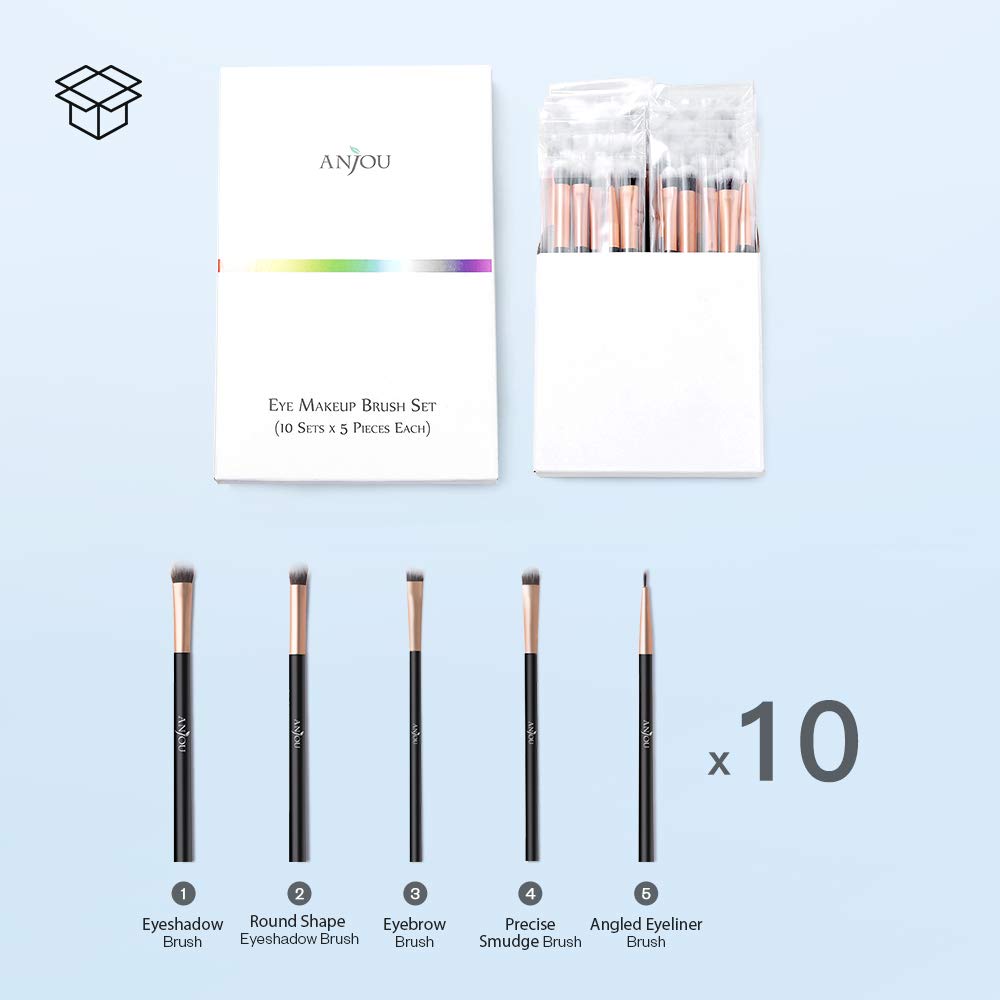50pcs Eye Makeup Brush - Anjou 5pcs Eye Makeup Brushes X 10 Set – 2 Eye Blending Brush, 2 Eyeshadow Brush, 1 Eyeliner Brush Included in Each Set – 5 Essential Eye Brushes for Your Flawless Look: Beauty
