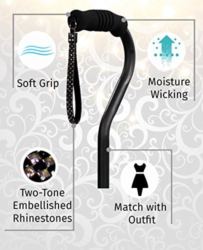 Black Self-Standing Cane with Comfortable Soft Grip & Stylish Rhinestones Strap
