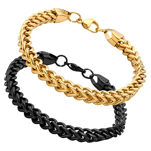 Jusnova Stainless Steel Franco Chain Bracelet for Men Women 6mm Wide 8 Inches 2 Colors Set Black & Gold