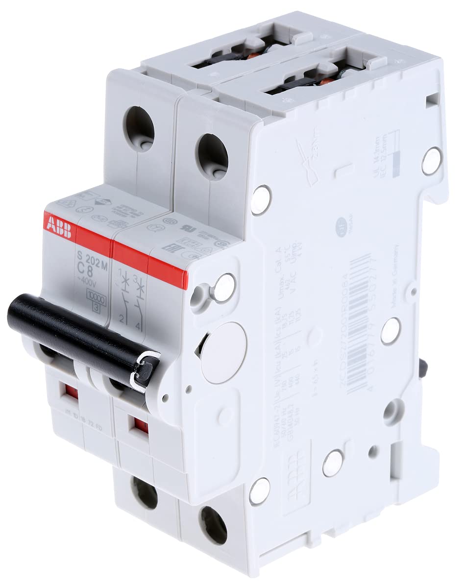 ABB 2CDS272001R0084 System Pro M Compact Miniature Circuit Breaker, Double Pole, Type C, 8 A Rated Current, 88 mm H x 35 mm W x 69 mm D