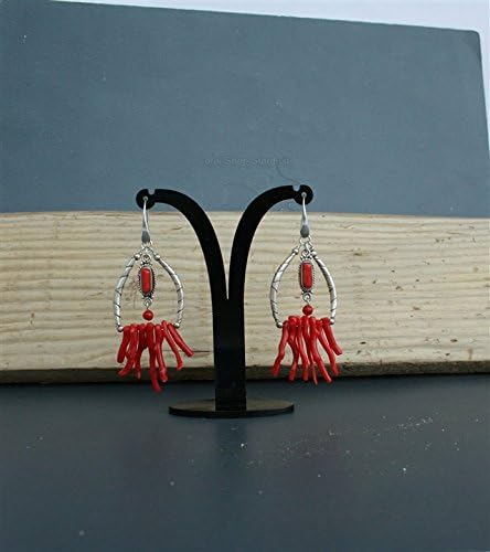 Untreated Mediterranean Red Coral Dangle Hoop Earrings, Unique Natural Coral Branch Earrings *Exp Shipping