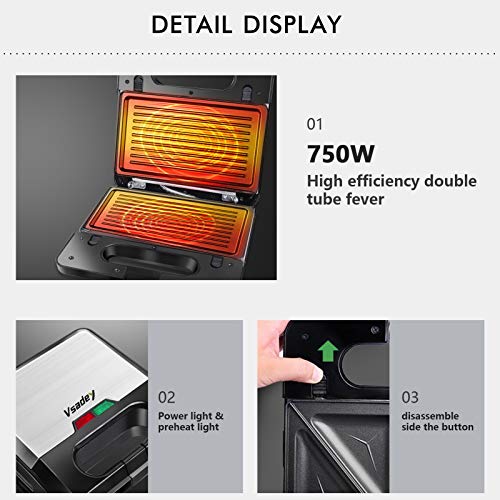 Vsadey Waffle Maker, 3-in-1 Sandwich Maker Waffle Iron and Panini Press Grill with Non-stick Coating, Detachable Plate, LED Operating Indicator, Cool Touch Handle