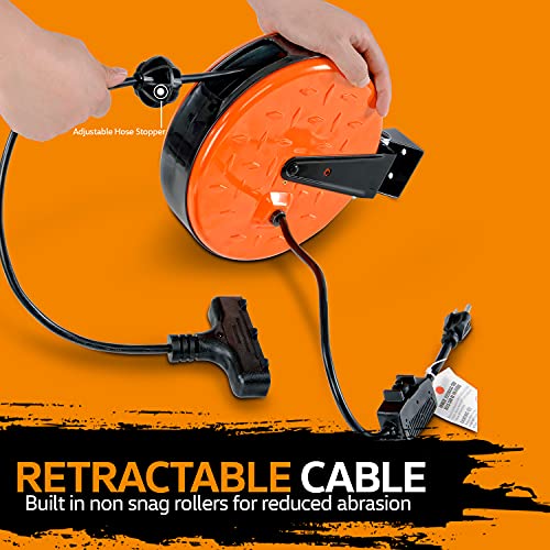 SuperHandy Mini Extension Cord Reel Retractable 16AWG x 30' Foot 3C/SJTW Cable Triple Tap