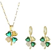 coadipress 14k Gold Plated Clover Hoop Earrings Pendent Necklace Sets for Women Dainty Green Rhinestone Clovers Necklace Earing Jewelry Set Wedding Accessories Fashion Holiday Gift
