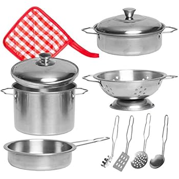 Barcaloo 11 Piece Play Pots and Pans Toy Set for Kids – Stainless Steel Pretend Cooking Pot & Pan Kitchen Toys