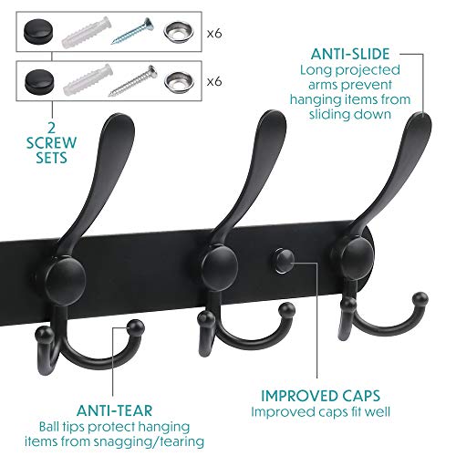 LotFancy Wall Mounted Coat Rack, Black Coat Hooks for Wall, 5 and 3 Tri Hook Racks, Heavy Duty Hook Rail for Hats, Towels, Handbags, Robes, for Kitchen, Mudroom