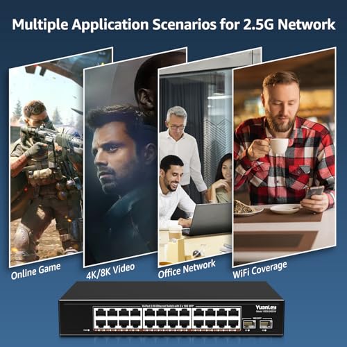 Unmanaged 2.5G 24-Port Ethernet Switch, 24 x 2.5 GB Base-T Ports, 2 x 10G SFP+, Compatible with 100/1000/2500Mbps, Metal Fanless, Desktop/Rack Mount YuanLey 2.5 GB Network Switch