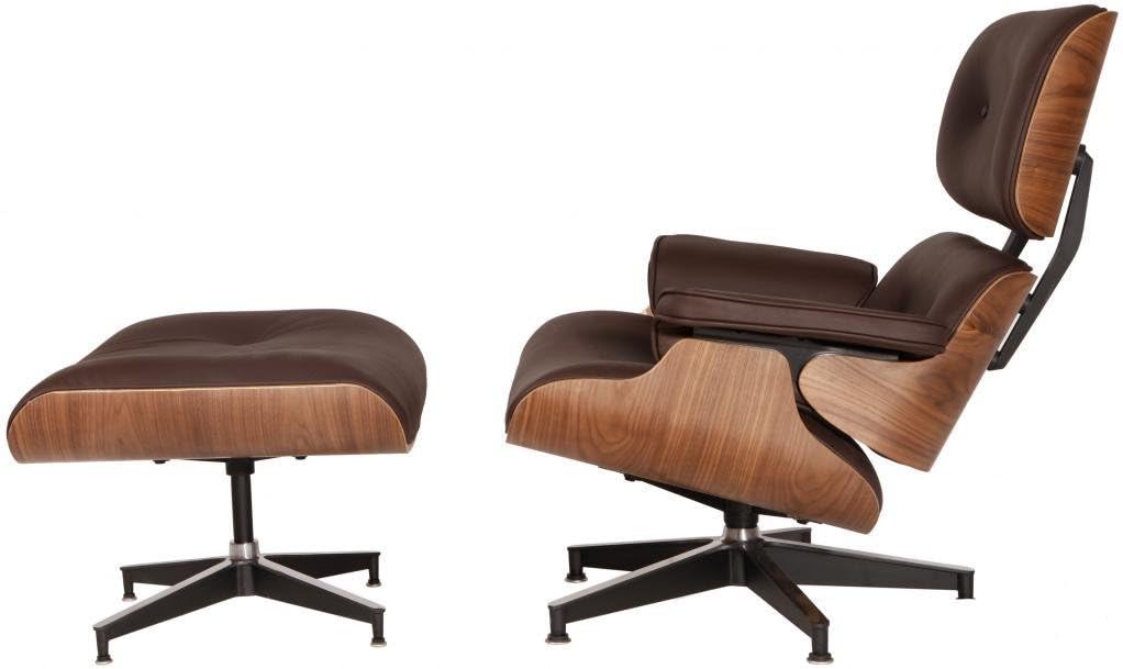 Mid Century Plywood Lounge Chair & Ottoman Eames Style Replica Real Premium Aniline Leather (Brown Walnut)