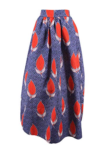 Novia's Choice Women African Floral Print Pleated High Waist Maxi Casual A-Line Skirt(Red Leaf S)
