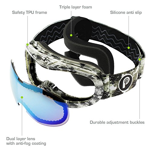 PP PICADOR Kids Ski Goggles, Kid Snow Snowboard Goggles for Boys Girls 4-7 with Over Glasses OTG Design Anti-Fog Lens 100% UV Protection Helmet Compatible(Gray)