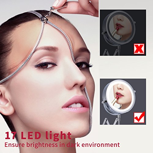 16" Length Arm Led Cosmetic Mirror Wall Mounted, Double Side, 1X/3X Magnification, Lighting, Adjustable, Rotating Function, Stainless Steel, Powered by 4 x AAA batteries (not included) - Thumbnail 5