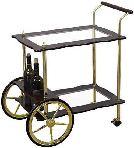 Uniquewise 2-Tier Brass-Wood Serving Tea Cart With Clear Tempered Glass by Uniquewise